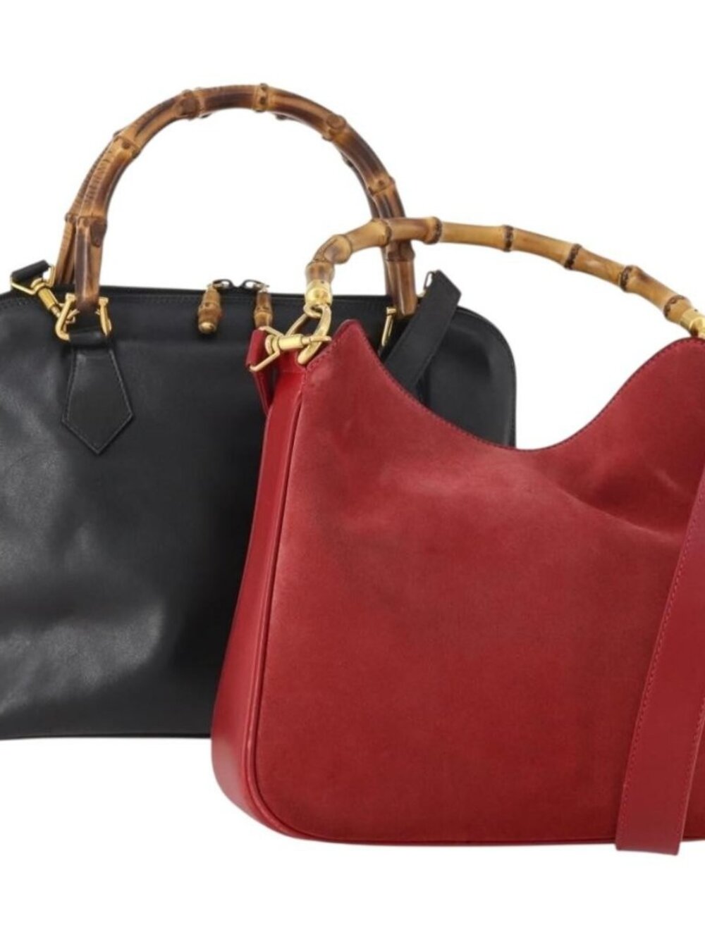 GUCCI Bamboo Hand Bag Leather Suede 2 Set Black Red Auth 170525